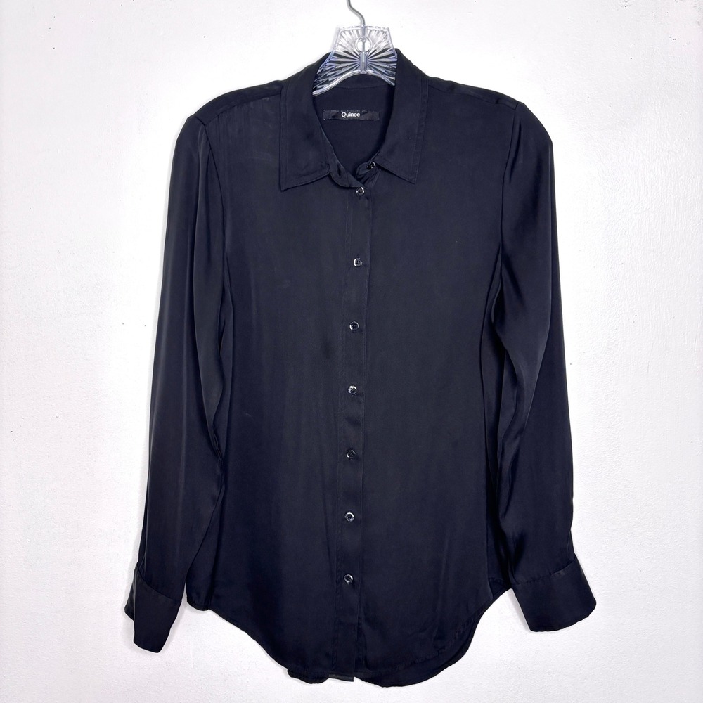 Quince Shirt Small Black Silk Stretch Button Down Luxe Office Minimalist